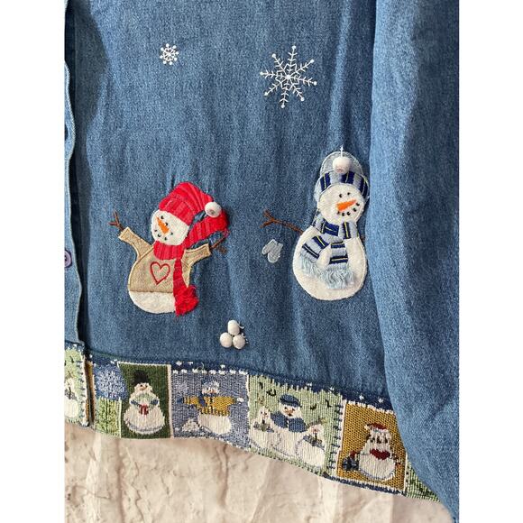 Vintage 90’s Lemon Grass Christmas Denim Shirt Top Snowman Sz Large - Picture 8 of 8